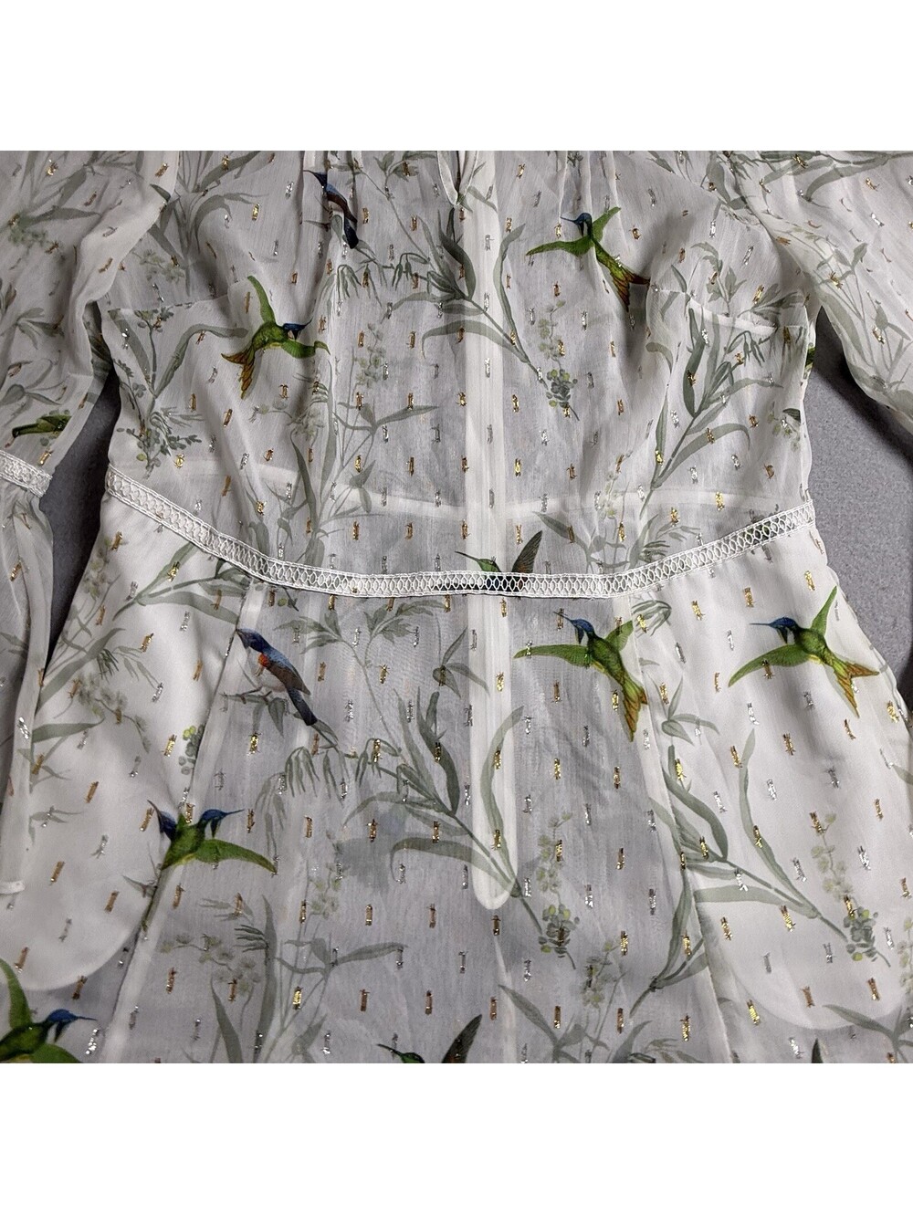 Ted Baker Andray Bird Print Ruffle Dress Sheer Fairy US 6 -8 No Slip Fortune - Picture 4 of 9